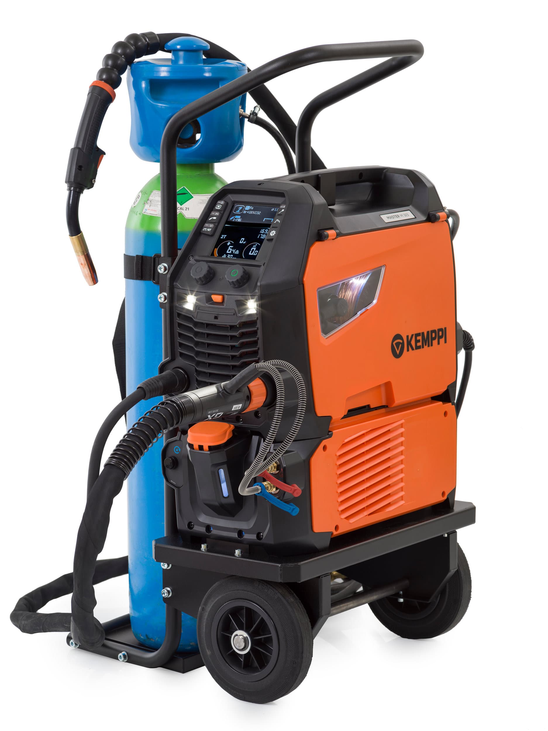 MASTER M 323 GM 3f-400V 320A + Gxe 305W 5m käpaga vedelikjahutusega komplekt käruga: manual MIG, synergic MIG, MMA, (dc) lift TIG